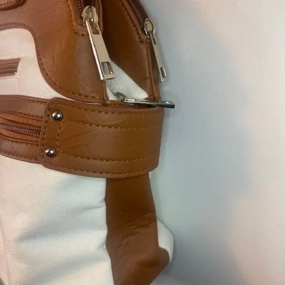 B Amici Amelia White Canvas & Tan Trimming Satchel Shoulder Bag - Picture 8 of 16